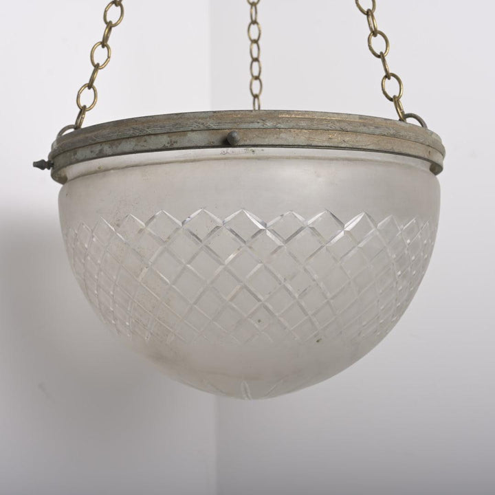 Large Antique Satin Crystal "Pointed" Plafonnier Pendant with Aged Brass Gallery