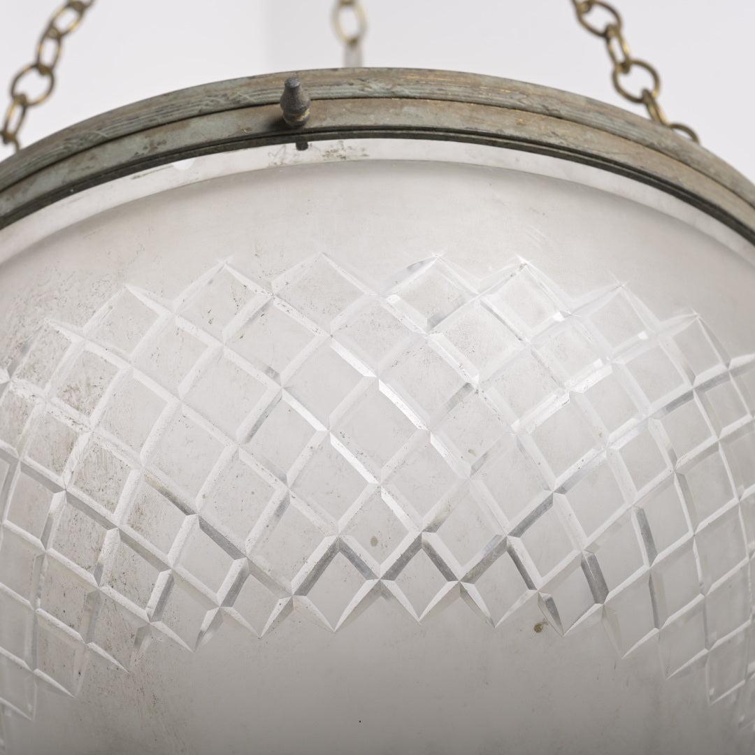 Large Antique Satin Crystal "Pointed" Plafonnier Pendant with Aged Brass Gallery