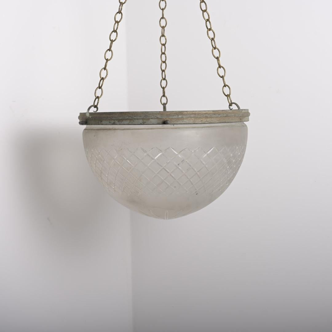 Large Antique Satin Crystal "Pointed" Plafonnier Pendant with Aged Brass Gallery