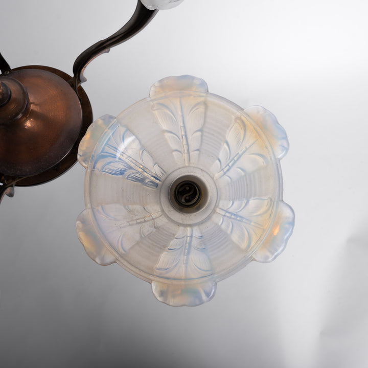 Large Art Deco Copper Oxidised Chandelier with Opalescent Glass Shades by établissement Jean Gauthier (EZAN)