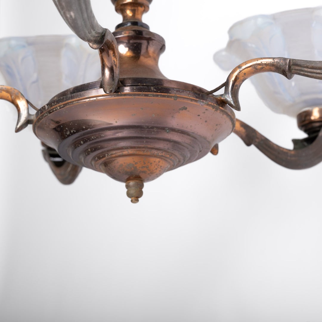 Large Art Deco Copper Oxidised Chandelier with Opalescent Glass Shades by établissement Jean Gauthier (EZAN)