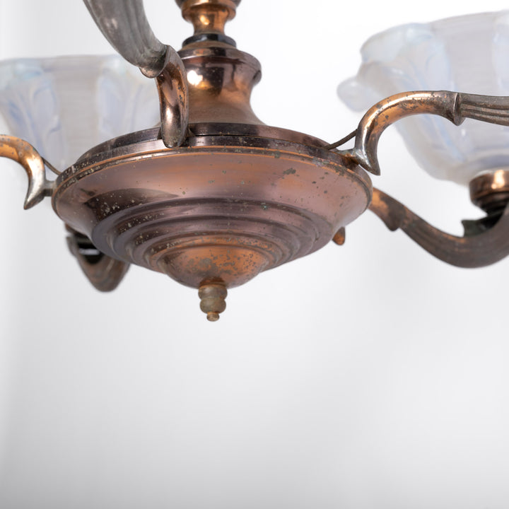 Large Art Deco Copper Oxidised Chandelier with Opalescent Glass Shades by établissement Jean Gauthier (EZAN)