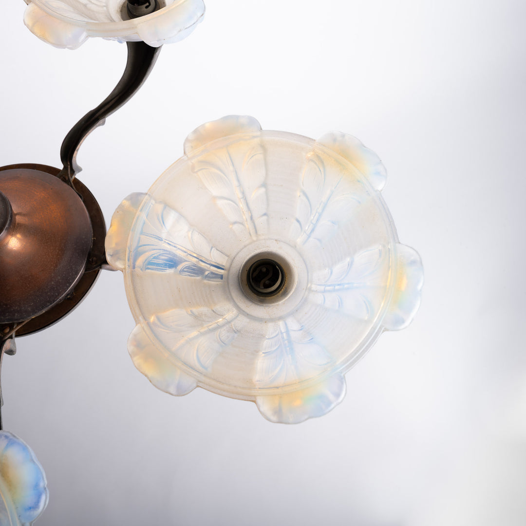 Large Art Deco Copper Oxidised Chandelier with Opalescent Glass Shades by établissement Jean Gauthier (EZAN)