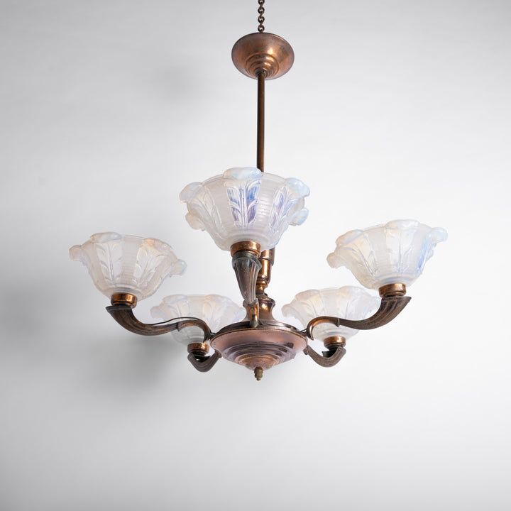 Large Art Deco Copper Oxidised Chandelier with Opalescent Glass Shades by établissement Jean Gauthier (EZAN)