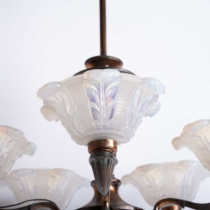 Large Art Deco Copper Oxidised Chandelier with Opalescent Glass Shades by établissement Jean Gauthier (EZAN)