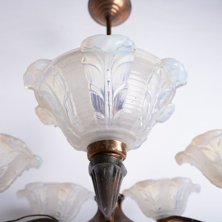 Large Art Deco Copper Oxidised Chandelier with Opalescent Glass Shades by établissement Jean Gauthier (EZAN)
