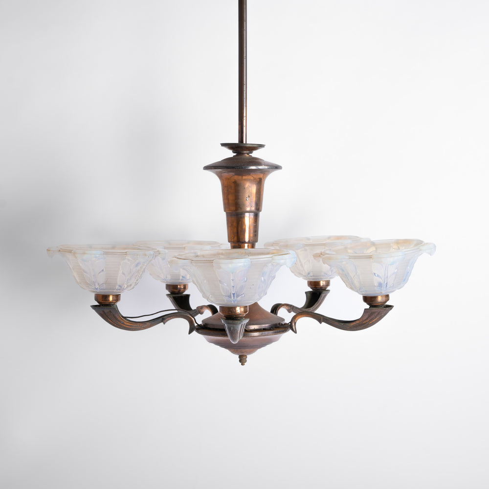 Large Art Deco Copper Oxidised Chandelier with Opalescent Glass Shades by établissement Jean Gauthier (EZAN)