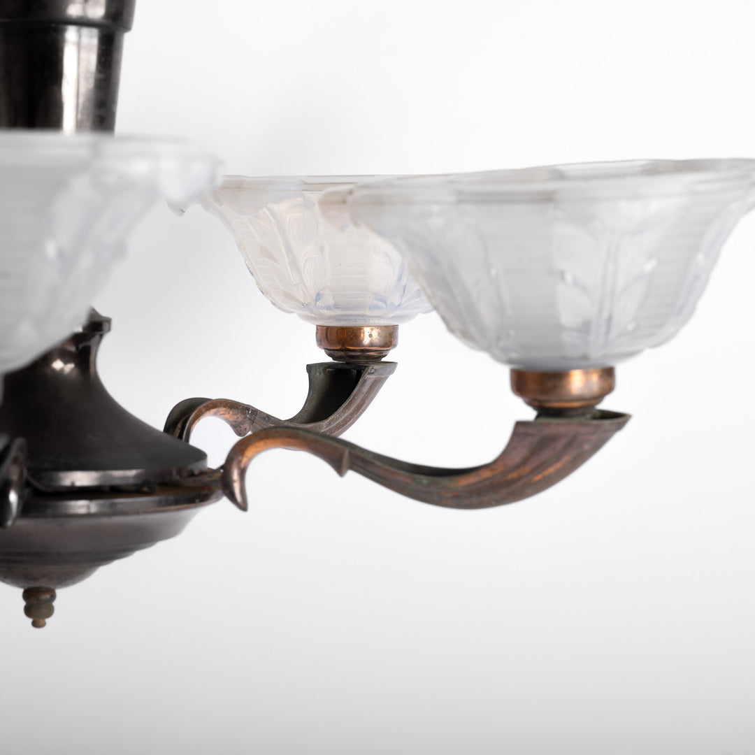 Large Art Deco Copper Oxidised Chandelier with Opalescent Glass Shades by établissement Jean Gauthier (EZAN)