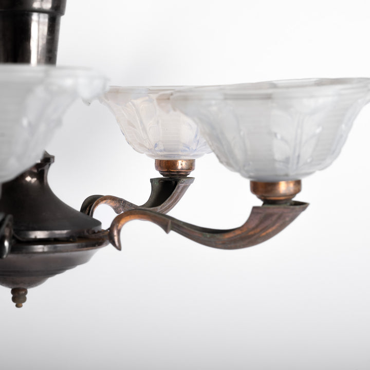 Large Art Deco Copper Oxidised Chandelier with Opalescent Glass Shades by établissement Jean Gauthier (EZAN)