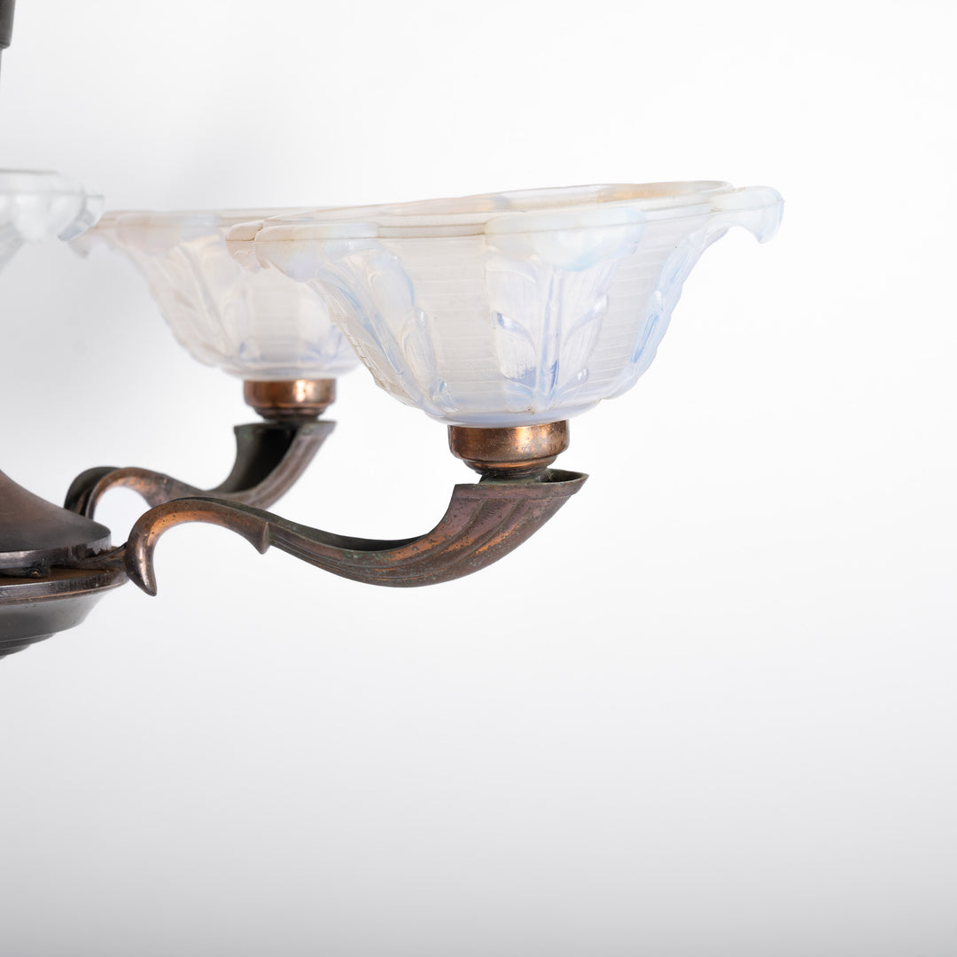 Large Art Deco Copper Oxidised Chandelier with Opalescent Glass Shades by établissement Jean Gauthier (EZAN)