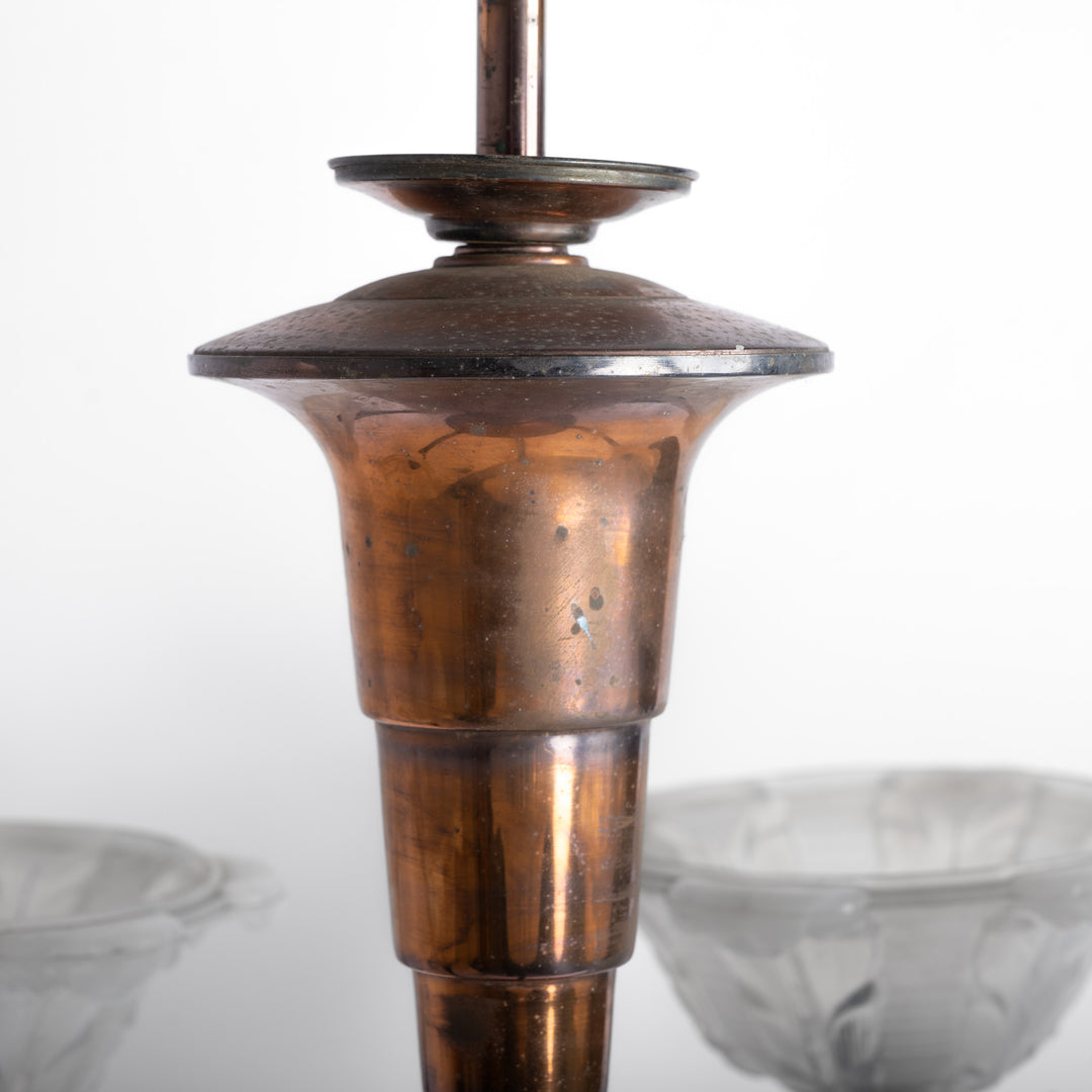 Large Art Deco Copper Oxidised Chandelier with Opalescent Glass Shades by établissement Jean Gauthier (EZAN)