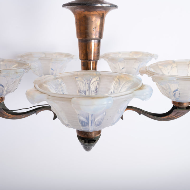 Large Art Deco Copper Oxidised Chandelier with Opalescent Glass Shades by établissement Jean Gauthier (EZAN)