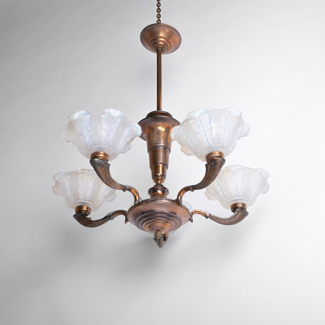 Large Art Deco Copper Oxidised Chandelier with Opalescent Glass Shades by établissement Jean Gauthier (EZAN)