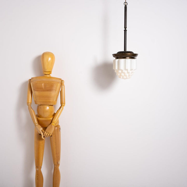Large Art Deco Geometric Jelly Mould Opaline Glass Pendant Lights with Aged Brass Fittings