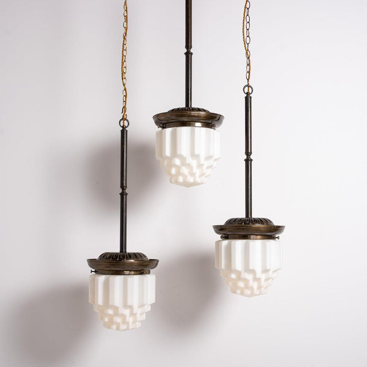 Large Art Deco Geometric Jelly Mould Opaline Glass Pendant Lights with Aged Brass Fittings