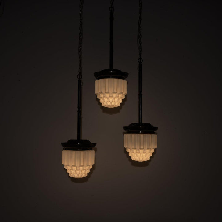 Large Art Deco Geometric Jelly Mould Opaline Glass Pendant Lights with Aged Brass Fittings