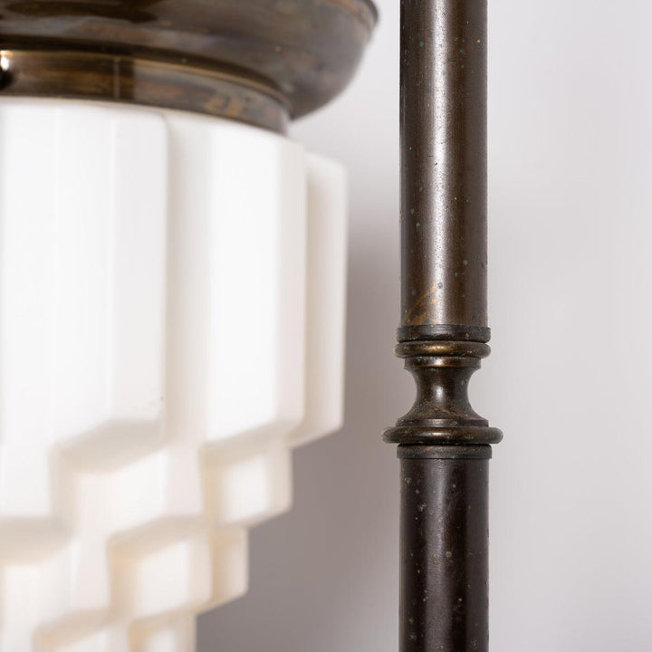 Large Art Deco Geometric Jelly Mould Opaline Glass Pendant Lights with Aged Brass Fittings
