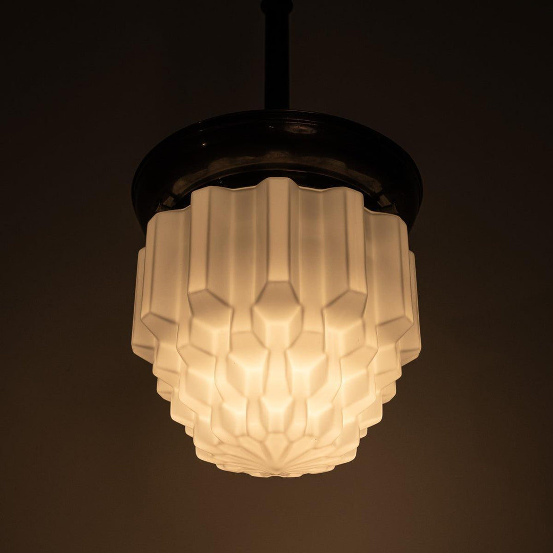 Large Art Deco Geometric Jelly Mould Opaline Glass Pendant Lights with Aged Brass Fittings
