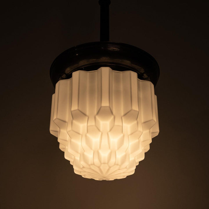 Large Art Deco Geometric Jelly Mould Opaline Glass Pendant Lights with Aged Brass Fittings