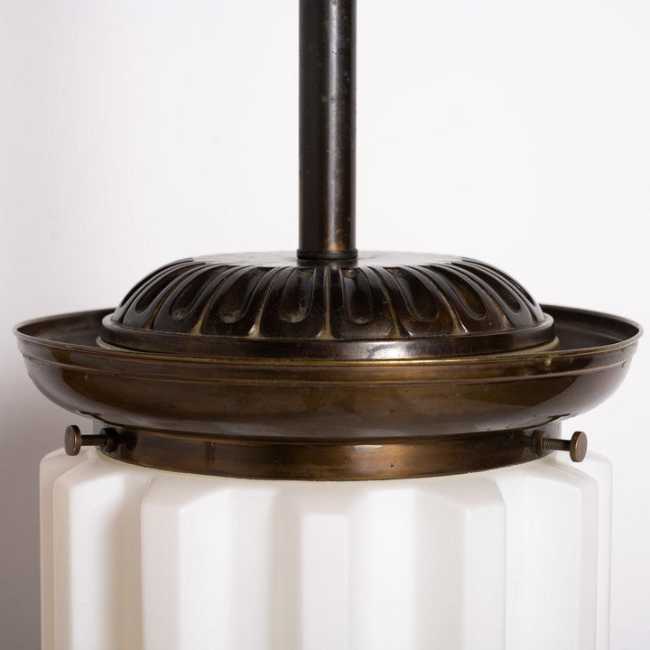 Large Art Deco Geometric Jelly Mould Opaline Glass Pendant Lights with Aged Brass Fittings