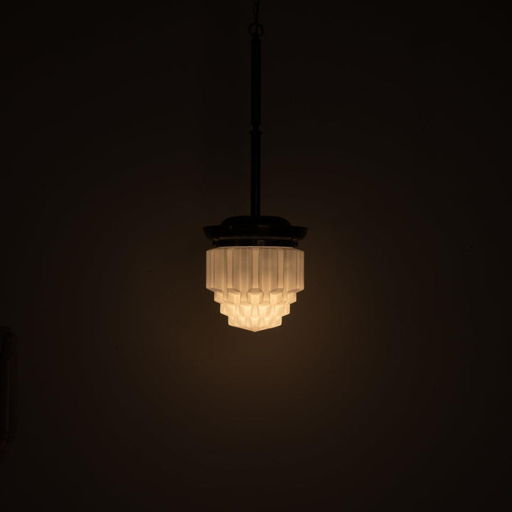 Large Art Deco Geometric Jelly Mould Opaline Glass Pendant Lights with Aged Brass Fittings
