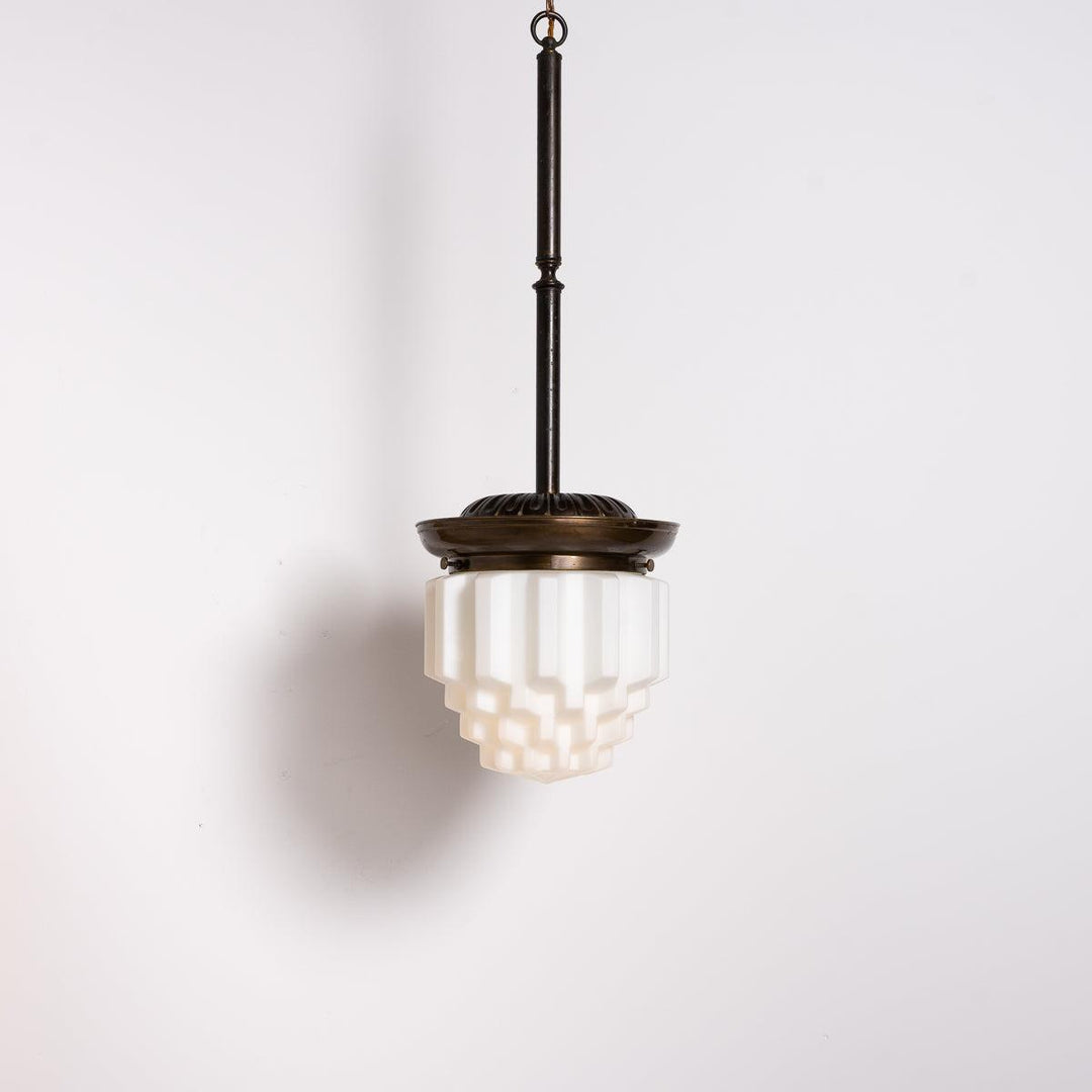 Large Art Deco Geometric Jelly Mould Opaline Glass Pendant Lights with Aged Brass Fittings