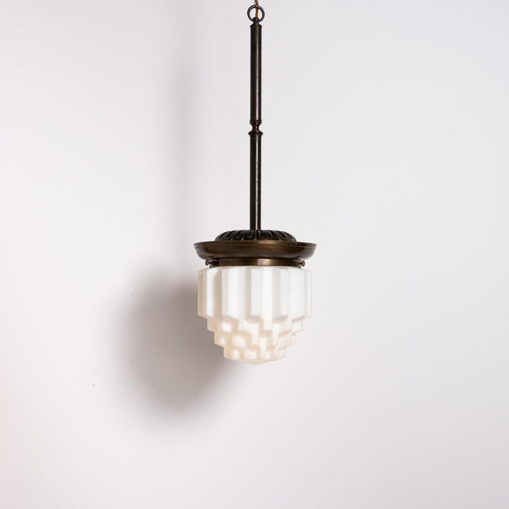 Large Art Deco Geometric Jelly Mould Opaline Glass Pendant Lights with Aged Brass Fittings