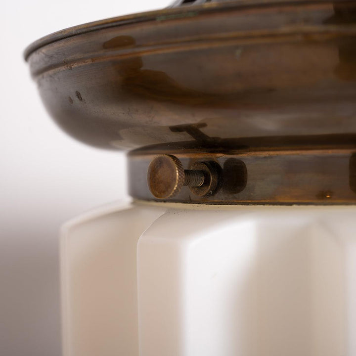 Large Art Deco Geometric Jelly Mould Opaline Glass Pendant Lights with Aged Brass Fittings