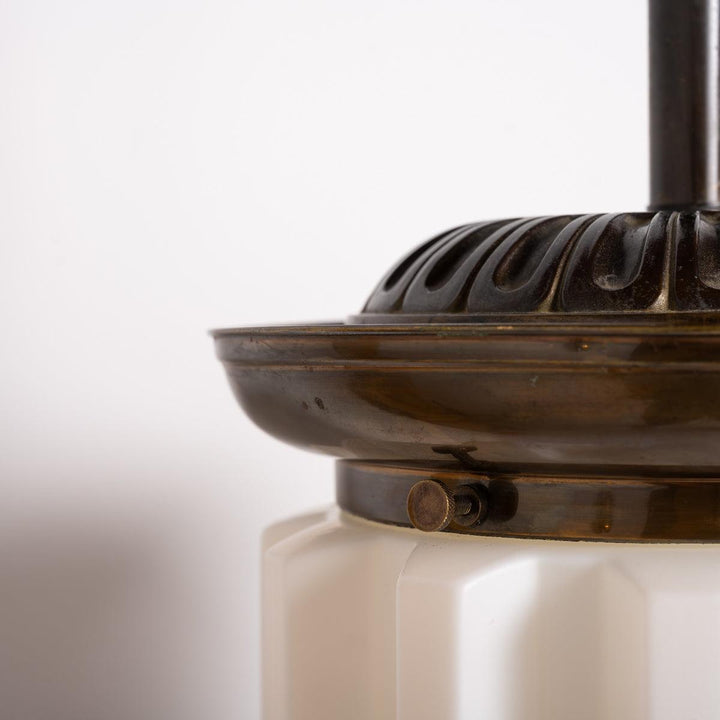 Large Art Deco Geometric Jelly Mould Opaline Glass Pendant Lights with Aged Brass Fittings