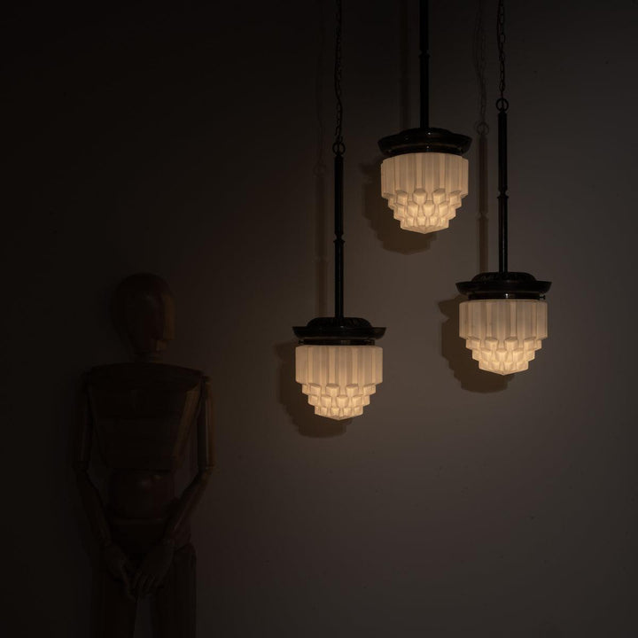 Large Art Deco Geometric Jelly Mould Opaline Glass Pendant Lights with Aged Brass Fittings
