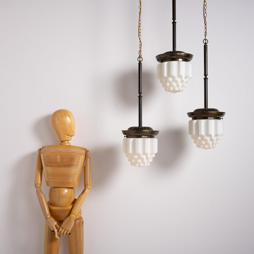 Large Art Deco Geometric Jelly Mould Opaline Glass Pendant Lights with Aged Brass Fittings