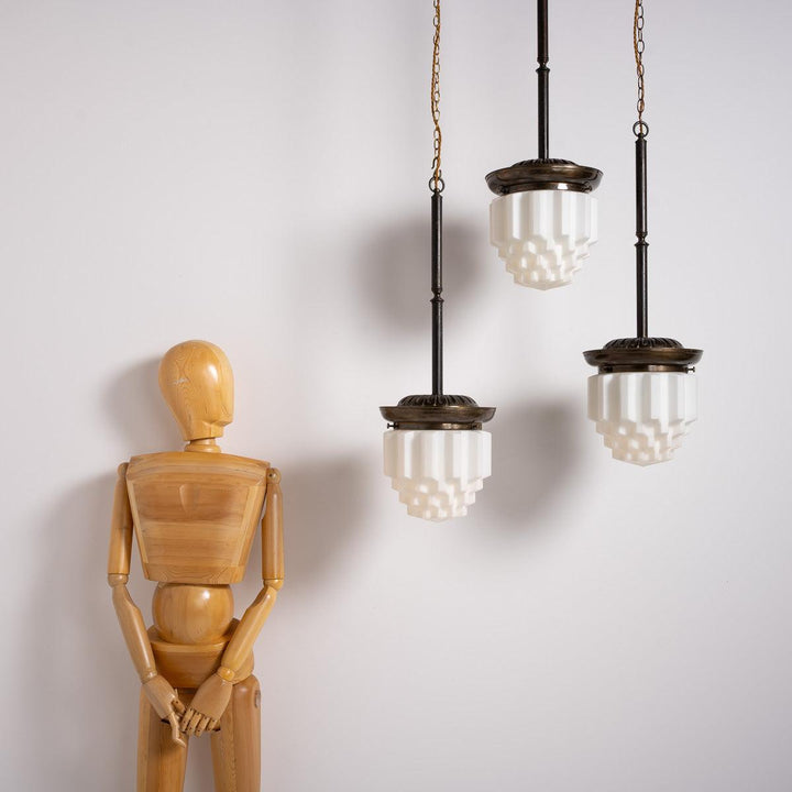 Large Art Deco Geometric Jelly Mould Opaline Glass Pendant Lights with Aged Brass Fittings