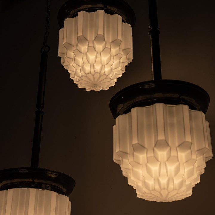 Large Art Deco Geometric Jelly Mould Opaline Glass Pendant Lights with Aged Brass Fittings