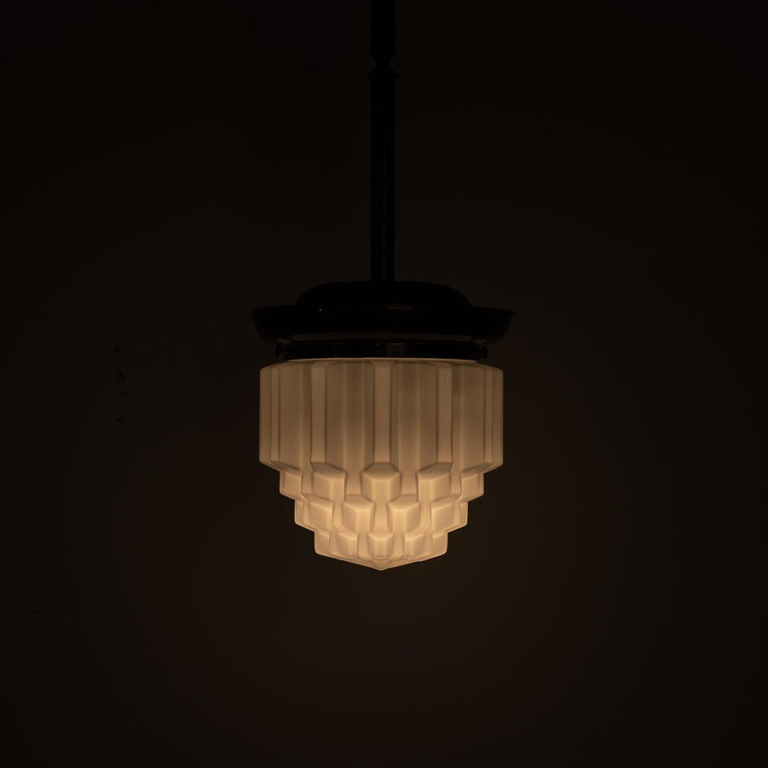 Large Art Deco Geometric Jelly Mould Opaline Glass Pendant Lights with Aged Brass Fittings