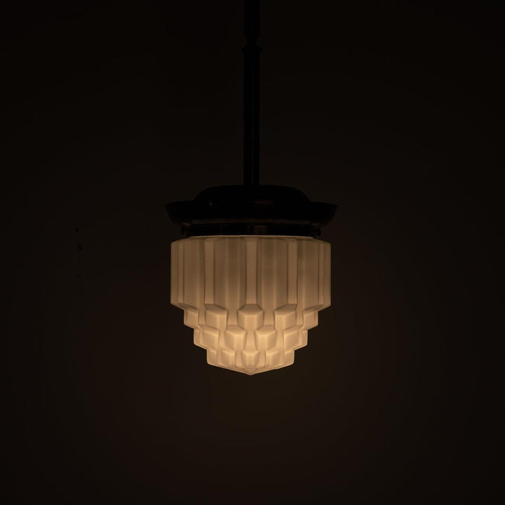 Large Art Deco Geometric Jelly Mould Opaline Glass Pendant Lights with Aged Brass Fittings