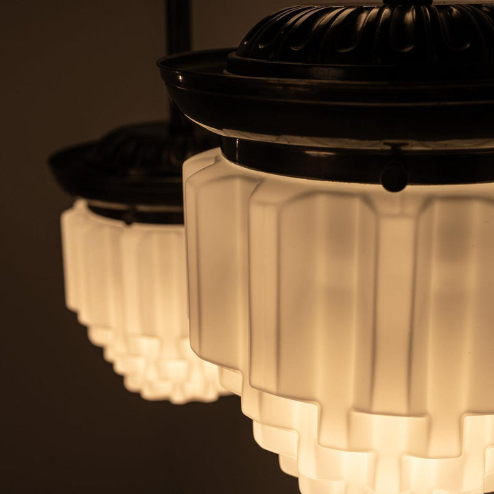 Large Art Deco Geometric Jelly Mould Opaline Glass Pendant Lights with Aged Brass Fittings