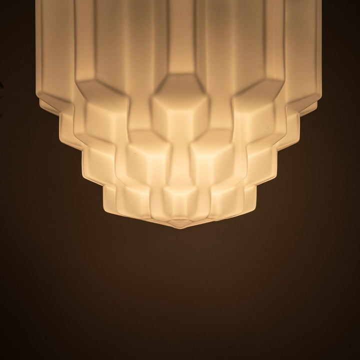 Large Art Deco Geometric Jelly Mould Opaline Glass Pendant Lights with Aged Brass Fittings