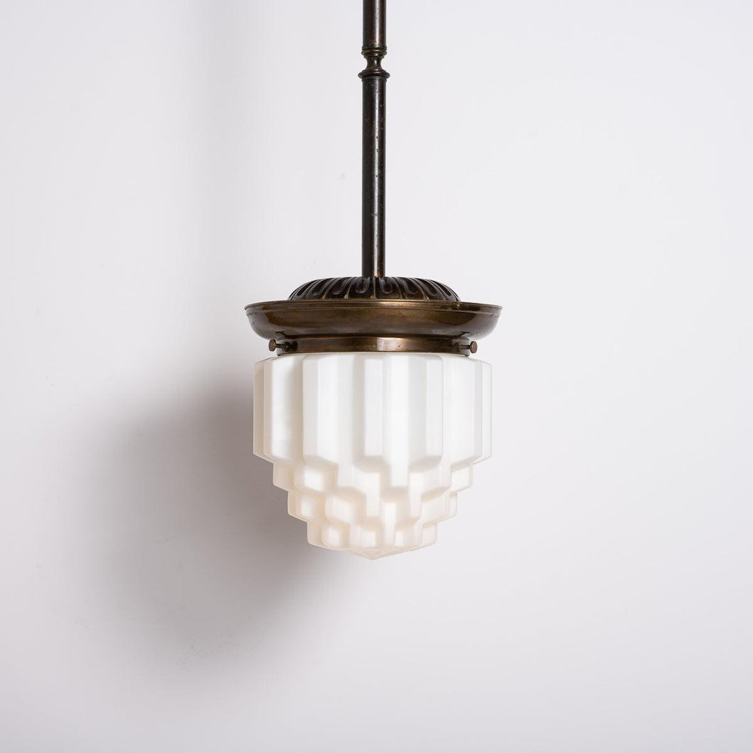 Large Art Deco Geometric Jelly Mould Opaline Glass Pendant Lights with Aged Brass Fittings