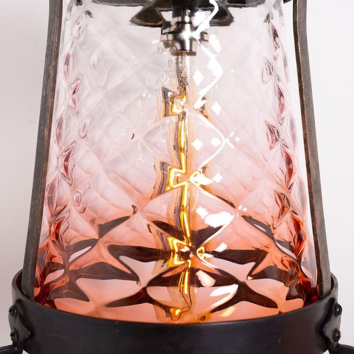 Large Arts & Crafts Aged Copper Hall Lantern with Cranberry Glass Shade