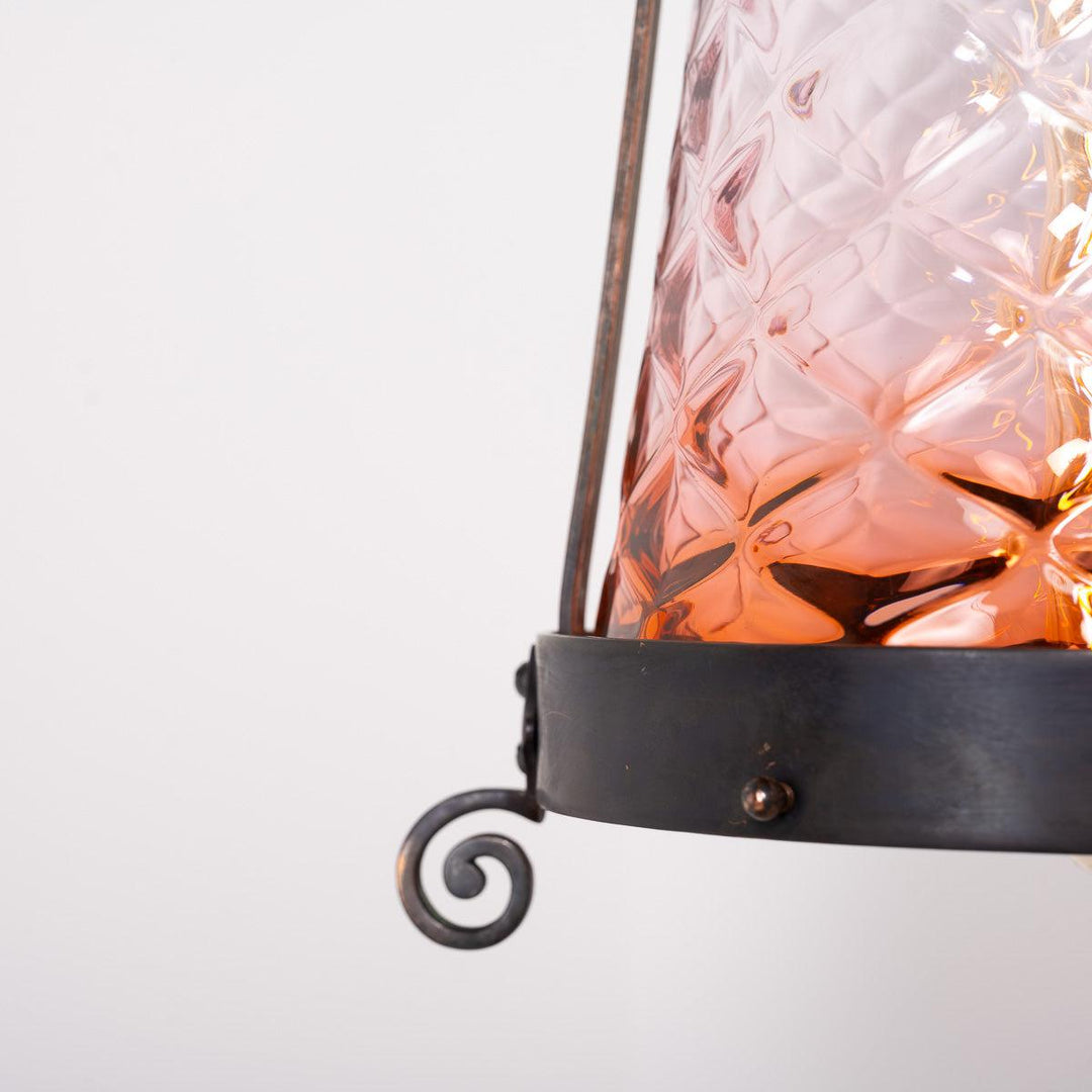 Large Arts & Crafts Aged Copper Hall Lantern with Cranberry Glass Shade