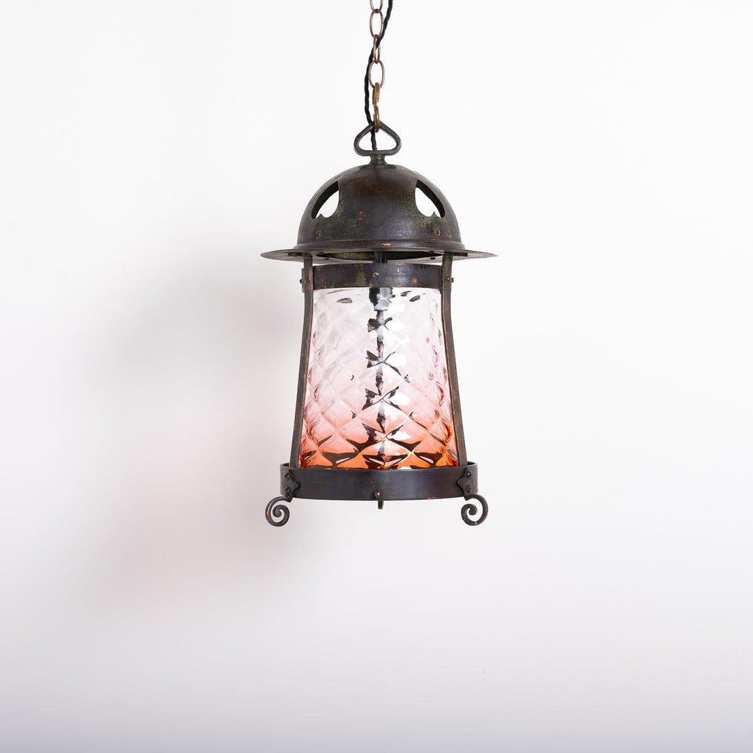 Large Arts & Crafts Aged Copper Hall Lantern with Cranberry Glass Shade