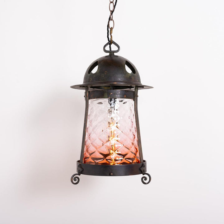 Large Arts & Crafts Aged Copper Hall Lantern with Cranberry Glass Shade