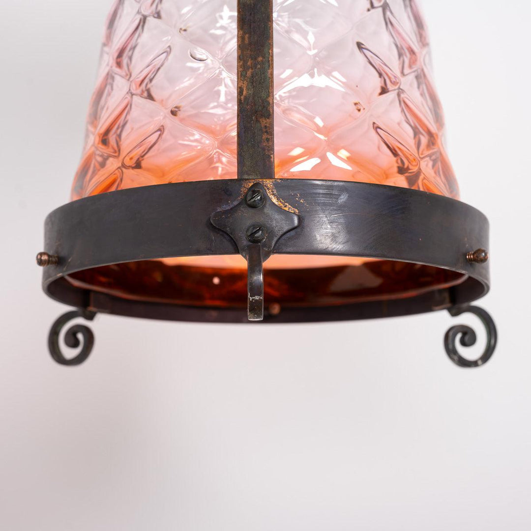 Large Arts & Crafts Aged Copper Hall Lantern with Cranberry Glass Shade