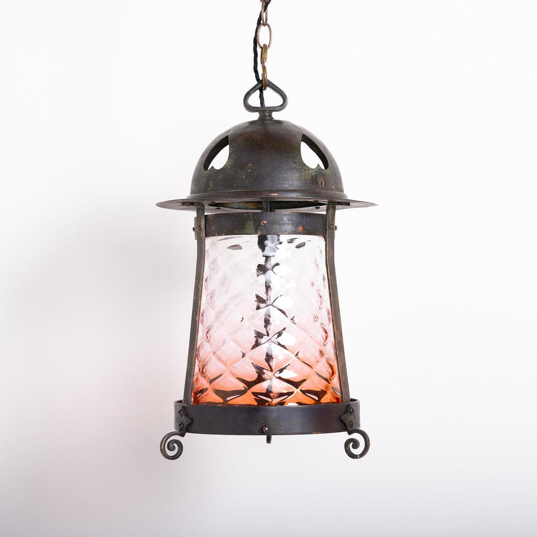 Large Arts & Crafts Aged Copper Hall Lantern with Cranberry Glass Shade