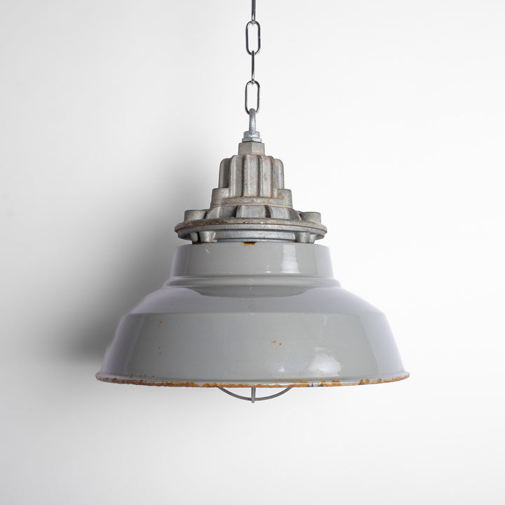 Large Cast Iron Flameproof Industrial Pendant Lights with Grey Enamel Shades by Maxlume