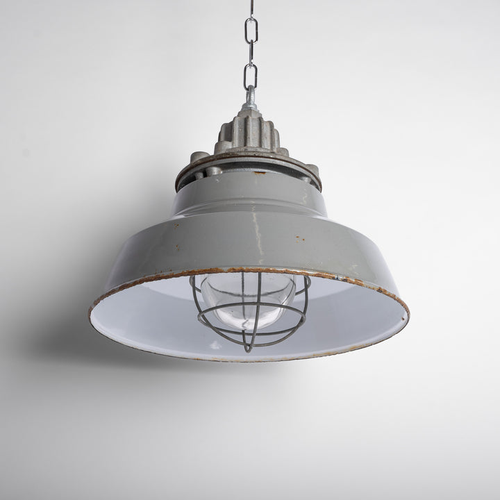 Large Cast Iron Flameproof Industrial Pendant Lights with Grey Enamel Shades by Maxlume
