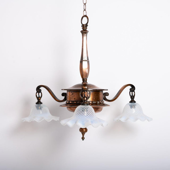 Large Copper Three Branch Chandelier with Jelly Opalescent Glass Shades by GEC