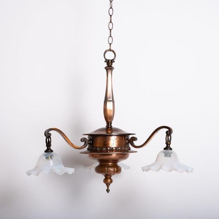 Large Copper Three Branch Chandelier with Jelly Opalescent Glass Shades by GEC