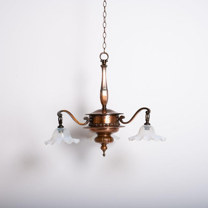 Large Copper Three Branch Chandelier with Jelly Opalescent Glass Shades by GEC