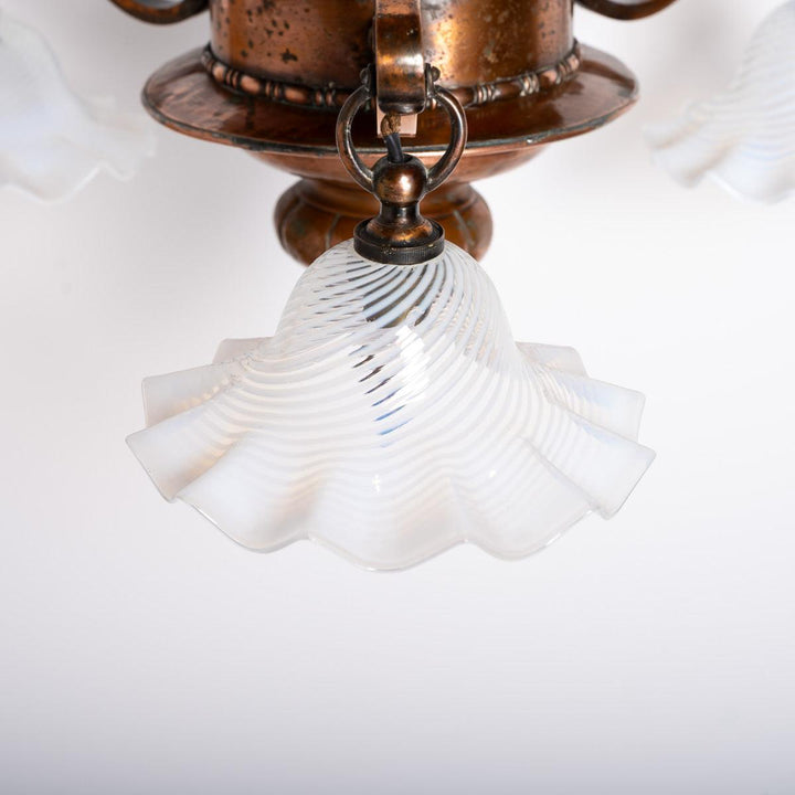 Large Copper Three Branch Chandelier with Jelly Opalescent Glass Shades by GEC